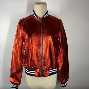 Blank NYC XS Faux Leather Red Orange Metallic Jacket Zip Up Bomber Moto